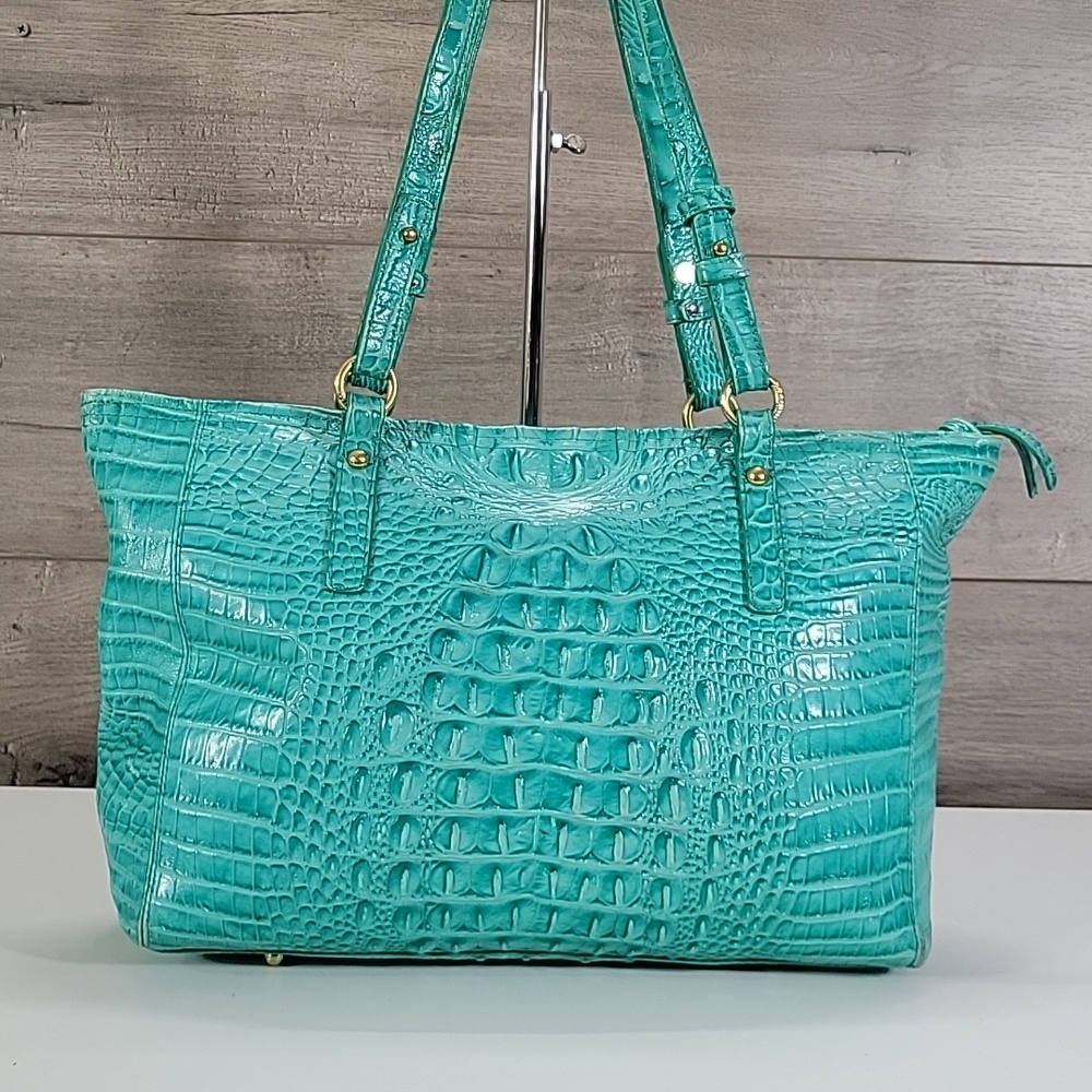 "Brahmin Bright Teal Croc-Embossed Tote Shoulder Bag - Picture 5 of 16